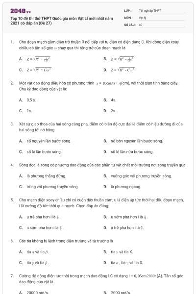 Top 10 đề thi thử THPT Quốc gia môn Vật Lí mới nhất năm 2021 có đáp án (Đề 27)