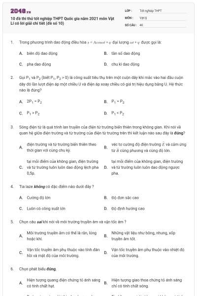 10 đề thi thử tốt nghiệp THPT Quốc gia năm 2021 môn Vật Lí có lời giải chi tiết (đề số 10)