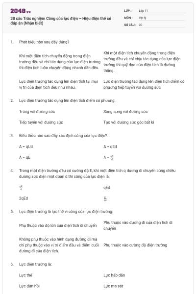 20 câu  Trắc nghiệm Công của lực điện – Hiệu điện thế có đáp án (Nhận biết)