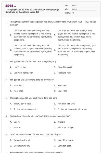 Trắc nghiệm Lịch Sử 9 Bài 17 (có đáp án): Cách mạng Việt Nam trước khi Đảng Cộng sản ra đời