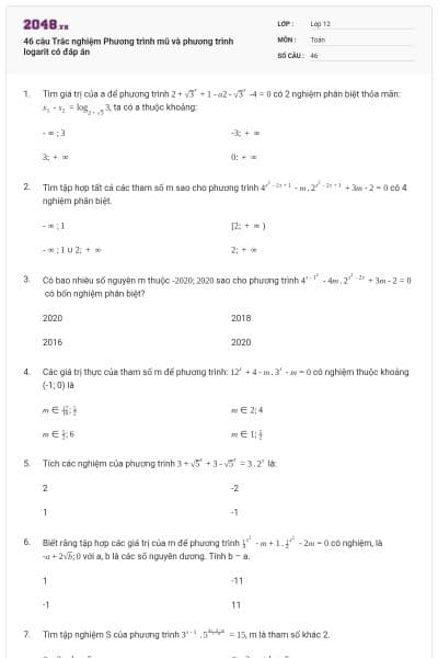 46 câu Trắc nghiệm Phương trình mũ và phương trình logarit có đáp án