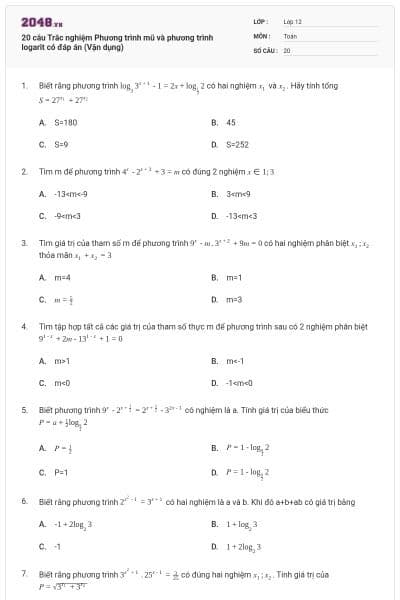 20 câu Trắc nghiệm Phương trình mũ và phương trình logarit có đáp án (Vận dụng)