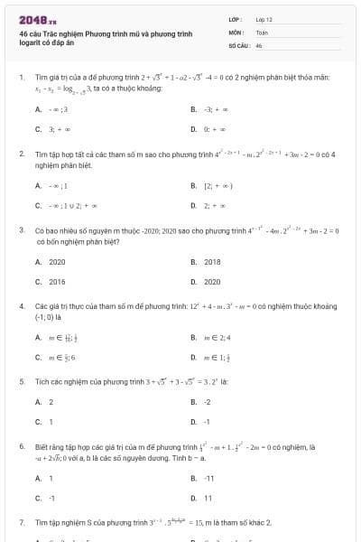 46 câu Trắc nghiệm Phương trình mũ và phương trình logarit có đáp án