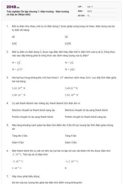 Trắc nghiệm Ôn tập chương 1: Điện trường - Điện trường có đáp án (Nhận biết)
