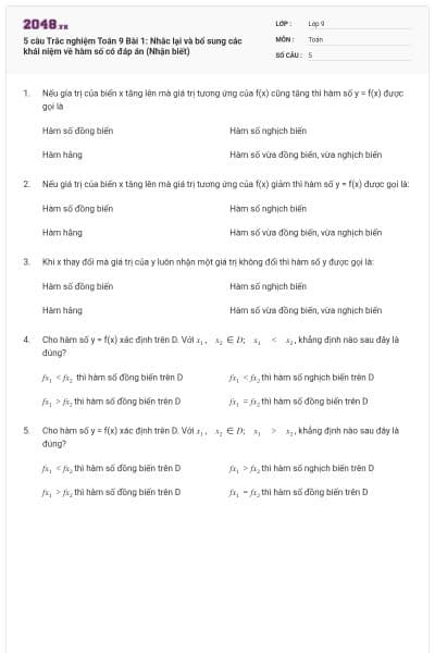 5 câu Trắc nghiệm Toán 9 Bài 1: Nhắc lại và bổ sung các khái niệm về hàm số có đáp án (Nhận biết)
