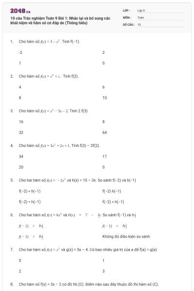 10 câu Trắc nghiệm Toán 9 Bài 1: Nhắc lại và bổ sung các khái niệm về hàm số có đáp án (Thông hiểu)