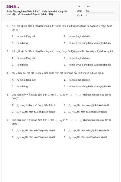 5 câu Trắc nghiệm Toán 9 Bài 1: Nhắc lại và bổ sung các khái niệm về hàm số có đáp án (Nhận biết)