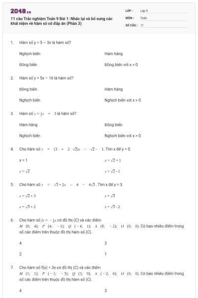 11 câu Trắc nghiệm Toán 9 Bài 1: Nhắc lại và bổ sung các khái niệm về hàm số có đáp án (Phần 3)