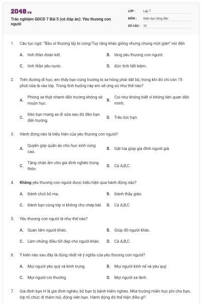 Trắc nghiệm GDCD 7 Bài 5 (có đáp án): Yêu thương con người