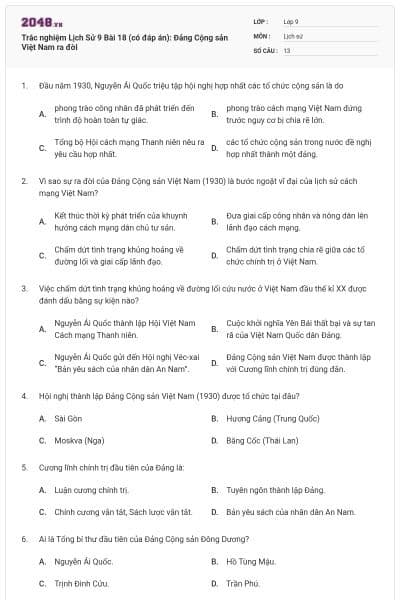Trắc nghiệm Lịch Sử 9 Bài 18 (có đáp án): Đảng Cộng sản Việt Nam ra đời