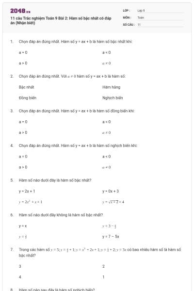 11 câu Trắc nghiệm Toán 9 Bài 2: Hàm số bậc nhất có đáp án (Nhận biết)