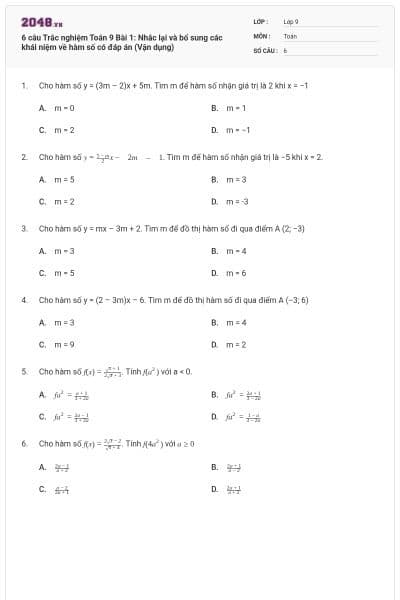 6 câu Trắc nghiệm Toán 9 Bài 1: Nhắc lại và bổ sung các khái niệm về hàm số có đáp án (Vận dụng)