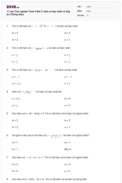 11 câu Trắc nghiệm Toán 9 Bài 2: Hàm số bậc nhất có đáp án (Thông hiểu)