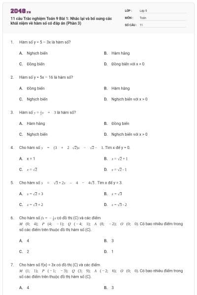 11 câu Trắc nghiệm Toán 9 Bài 1: Nhắc lại và bổ sung các khái niệm về hàm số có đáp án (Phần 3)