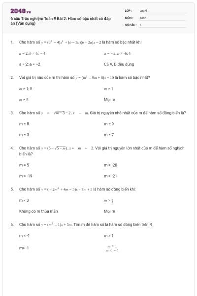 6 câu Trắc nghiệm Toán 9 Bài 2: Hàm số bậc nhất có đáp án (Vận dụng)