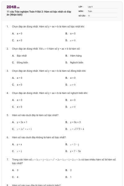11 câu Trắc nghiệm Toán 9 Bài 2: Hàm số bậc nhất có đáp án (Nhận biết)