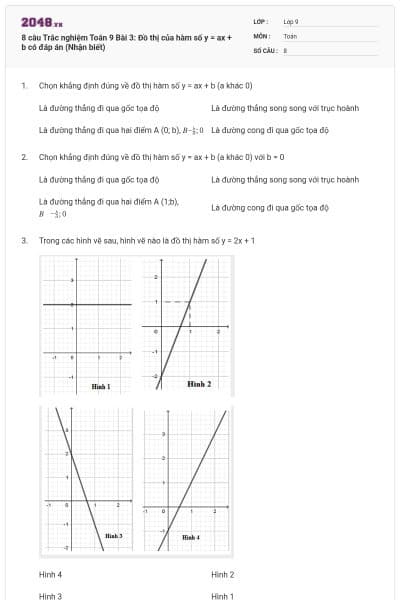 8 câu Trắc nghiệm Toán 9 Bài 3: Đồ thị của hàm số y = ax + b có đáp án (Nhận biết)