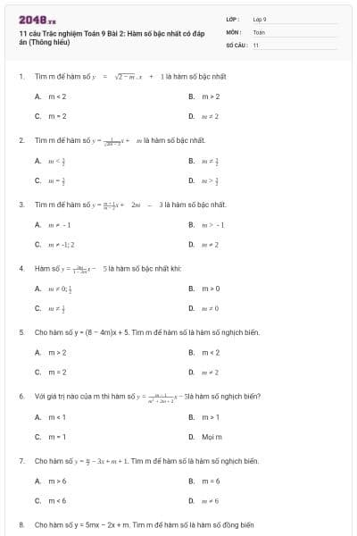 11 câu Trắc nghiệm Toán 9 Bài 2: Hàm số bậc nhất có đáp án (Thông hiểu)