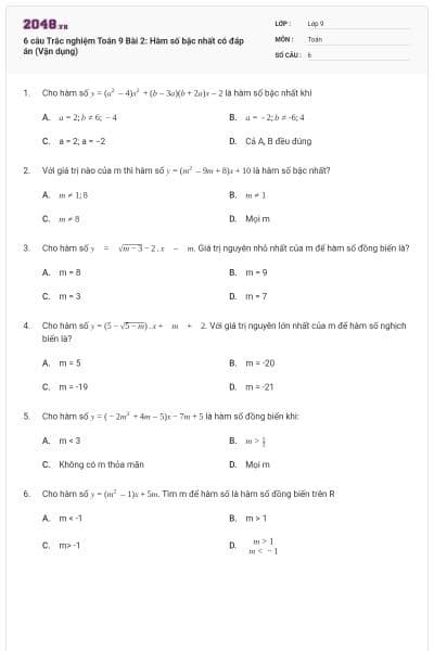 6 câu Trắc nghiệm Toán 9 Bài 2: Hàm số bậc nhất có đáp án (Vận dụng)