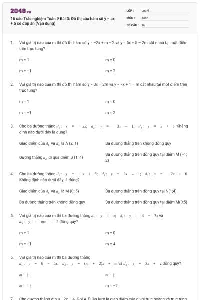 16 câu Trắc nghiệm Toán 9 Bài 3: Đồ thị của hàm số y = ax + b có đáp án (Vận dụng)