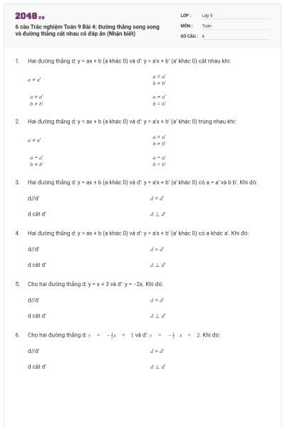 6 câu Trắc nghiệm Toán 9 Bài 4: Đường thẳng song song và đường thẳng cắt nhau có đáp án (Nhận biết)