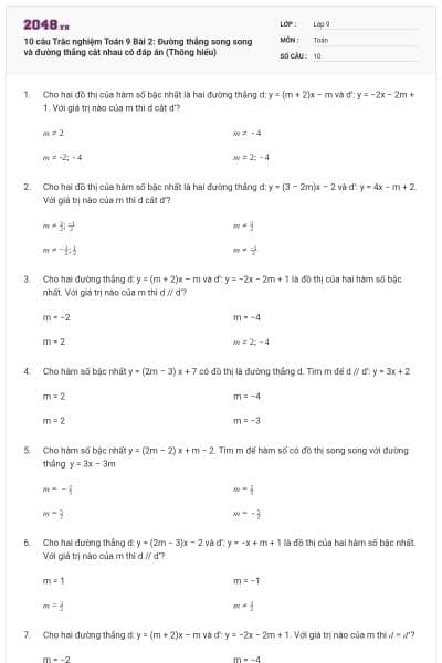 10 câu Trắc nghiệm Toán 9 Bài 2: Đường thẳng song song và đường thẳng cắt nhau có đáp án (Thông hiểu)