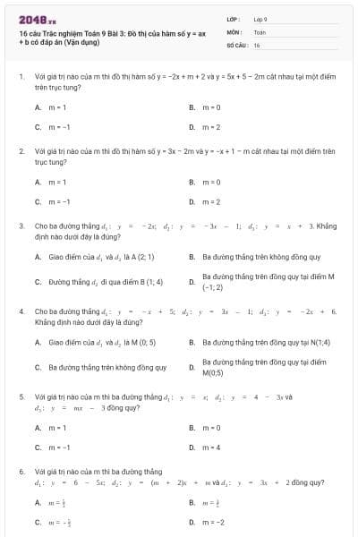 16 câu Trắc nghiệm Toán 9 Bài 3: Đồ thị của hàm số y = ax + b có đáp án (Vận dụng)
