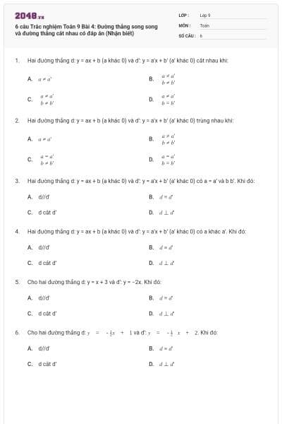 6 câu Trắc nghiệm Toán 9 Bài 4: Đường thẳng song song và đường thẳng cắt nhau có đáp án (Nhận biết)