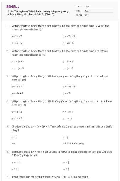 16 câu Trắc nghiệm Toán 9 Bài 4: Đường thẳng song song và đường thẳng cắt nhau có đáp án (Phần 3)