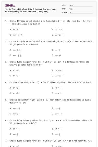 10 câu Trắc nghiệm Toán 9 Bài 2: Đường thẳng song song và đường thẳng cắt nhau có đáp án (Thông hiểu)