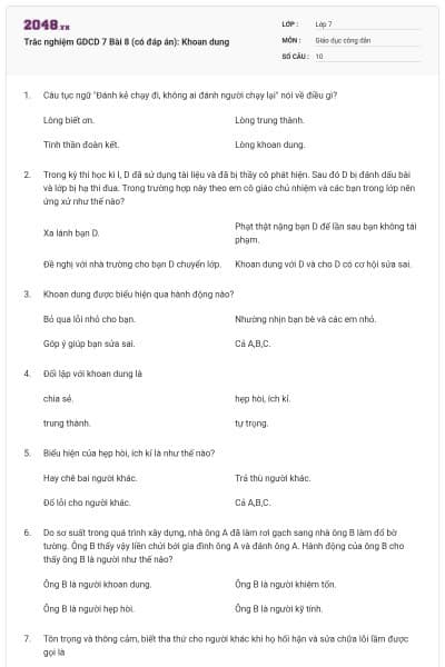 Trắc nghiệm GDCD 7 Bài 8 (có đáp án): Khoan dung
