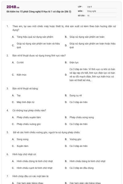 Đề kiểm tra 15 phút Công nghệ 8 Học kì 1 có đáp án (Đề 3)