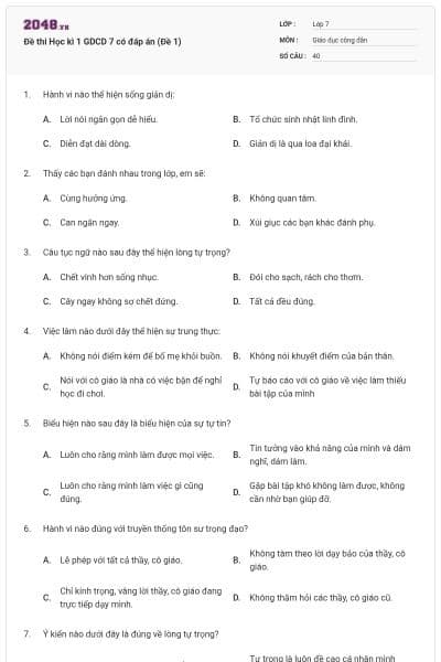 Đề thi Học kì 1 GDCD 7 có đáp án (Đề 1)