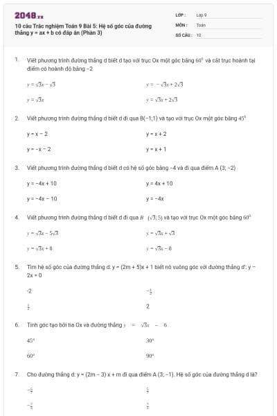 10 câu Trắc nghiệm Toán 9 Bài 5: Hệ số góc của đường thẳng y = ax + b có đáp án (Phần 3)