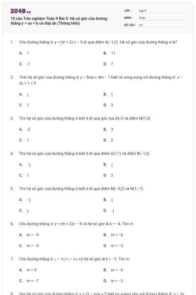 10 câu Trắc nghiệm Toán 9 Bài 5: Hệ số góc của đường thẳng y = ax + b có đáp án (Thông hiểu)