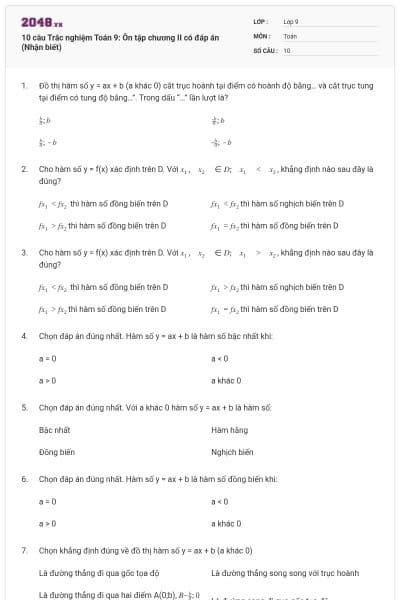 10 câu Trắc nghiệm Toán 9: Ôn tập chương II có đáp án (Nhận biết)
