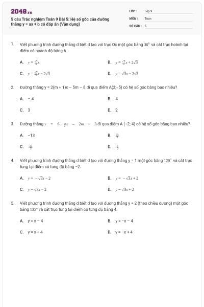 5 câu Trắc nghiệm Toán 9 Bài 5: Hệ số góc của đường thẳng y = ax + b có đáp án (Vận dụng)