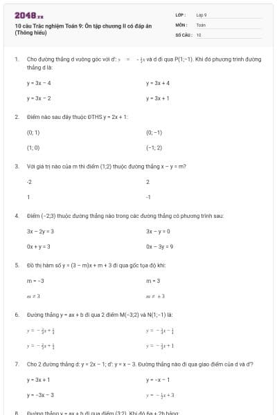10 câu Trắc nghiệm Toán 9: Ôn tập chương II có đáp án (Thông hiểu)