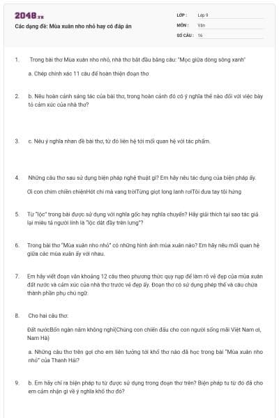 Các dạng đề: Mùa xuân nho nhỏ hay có đáp án