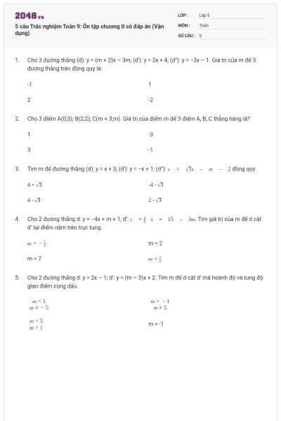 5 câu Trắc nghiệm Toán 9: Ôn tập chương II có đáp án (Vận dụng)