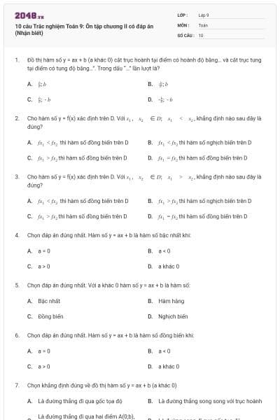 10 câu Trắc nghiệm Toán 9: Ôn tập chương II có đáp án (Nhận biết)