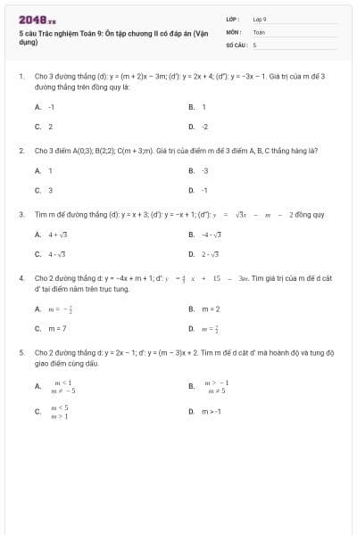 5 câu Trắc nghiệm Toán 9: Ôn tập chương II có đáp án (Vận dụng)