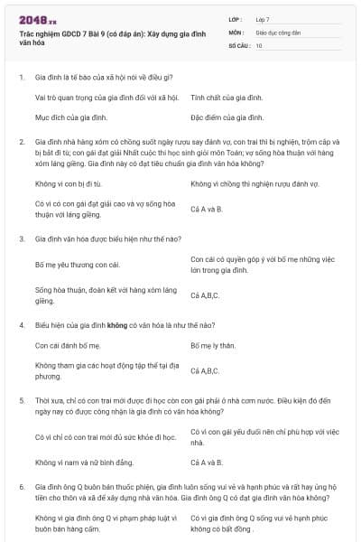Trắc nghiệm GDCD 7 Bài 9 (có đáp án): Xây dựng gia đình văn hóa