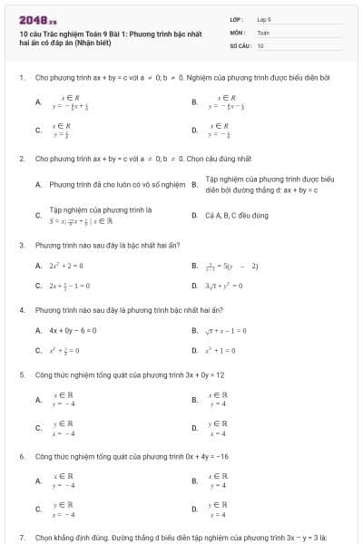 10 câu Trắc nghiệm Toán 9 Bài 1: Phương trình bậc nhất hai ẩn có đáp án (Nhận biết)