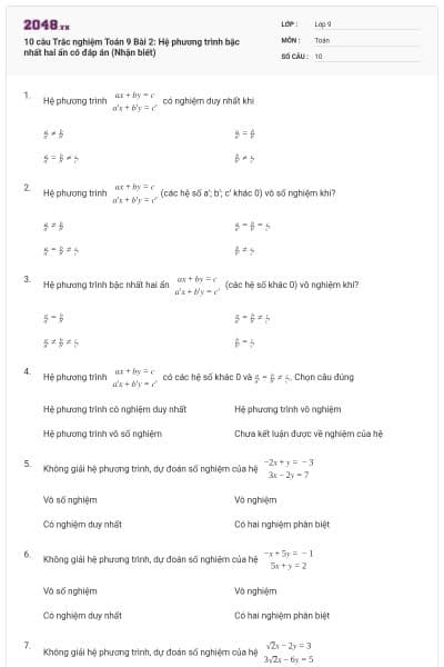 10 câu Trắc nghiệm Toán 9 Bài 2: Hệ phương trình bậc nhất hai ẩn có đáp án (Nhận biết)