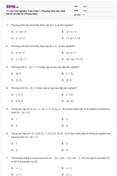 11 câu Trắc nghiệm Toán 9 Bài 1: Phương trình bậc nhất hai ẩn có đáp án (Thông hiểu)
