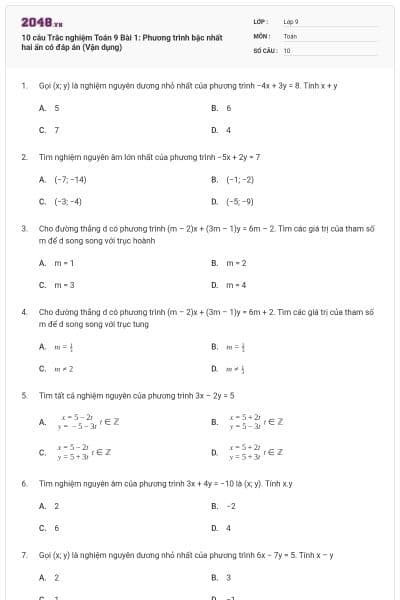 10 câu Trắc nghiệm Toán 9 Bài 1: Phương trình bậc nhất hai ẩn có đáp án (Vận dụng)