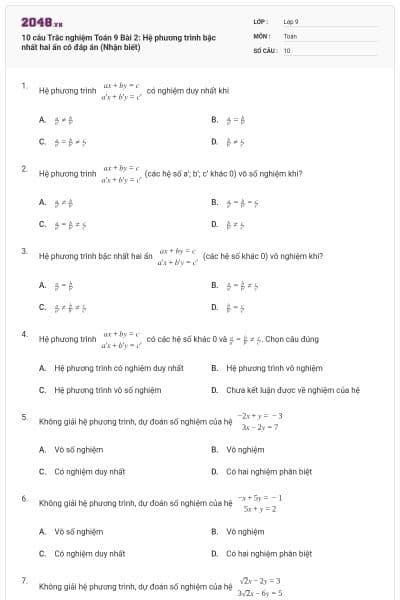 10 câu Trắc nghiệm Toán 9 Bài 2: Hệ phương trình bậc nhất hai ẩn có đáp án (Nhận biết)