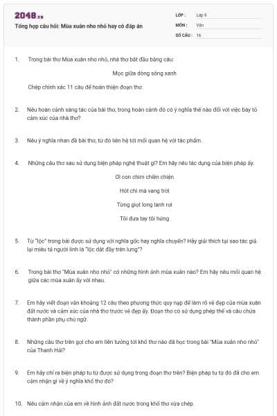 Tổng hợp câu hỏi: Mùa xuân nho nhỏ hay có đáp án