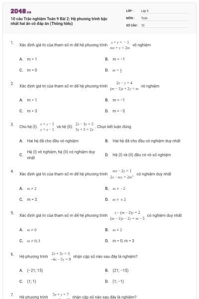 10 câu Trắc nghiệm Toán 9 Bài 2: Hệ phương trình bậc nhất hai ẩn có đáp án (Thông hiểu)
